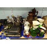 Various toby jugs, German flagons, three branch candlesticks, cased flatware, paperweights, Polaroid