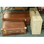 A mid-20thC cased picnic set, and two pressed leather suitcases.