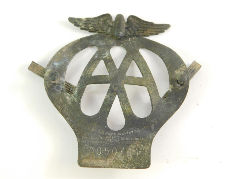 A 1920's AA car badge, serial no 0950711.