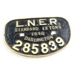 A cast iron wagon plate, white painted high relief, 'LNER, Standard 12 tonnes, 1946, Darlington,