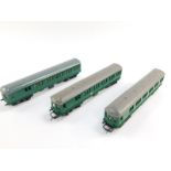 Three Hornby Triang OO gauge coaches, green livery, boxed. (3)