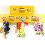 Three Pelham puppets, comprising Frog, Tyrolean Girl, and Witch, boxed.
