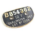 A cast iron wagon plaque, white paint high relief, 'B854362, 12T, Darlington 1957, Lot No 3008'.,