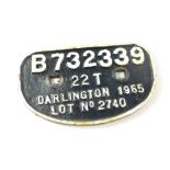 A cast iron wagon plate, white painted high relief, 'B72339, 22T, Darlington 1955, Lot No 2740'.,