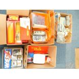 OO gauge railway buildings, decals, boxes, wiring, etc. (a quantity)