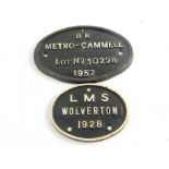 Two cast iron railway plates, white painted high relief, 'BR Metro-Cammell, Lot No 30228, 1957'.,