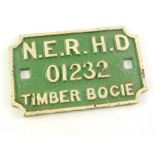 A cast iron North East Railway wagon plate, white painted high relief against a green ground, 'N.E.