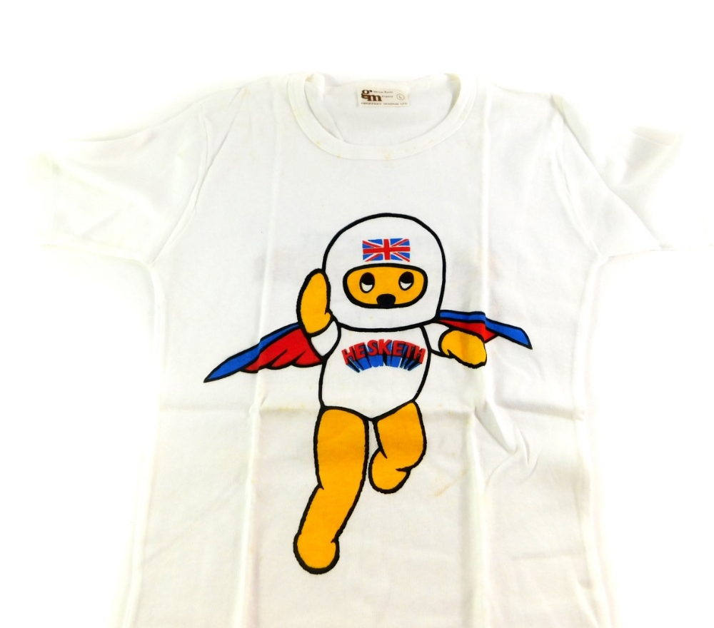 A Mid 1970's Hesketh Racing 'Superbear' lady's 'pit girl' t-shirt, white cotton with applied logo to