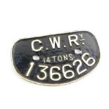A cast iron wagon plate, white painted high relief, 'GWRy, 14 tonnes, 136626'., 28cm wide.