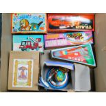 Chinese and other tin plate toys, including an elephant on a tricycle, duck family, friction
