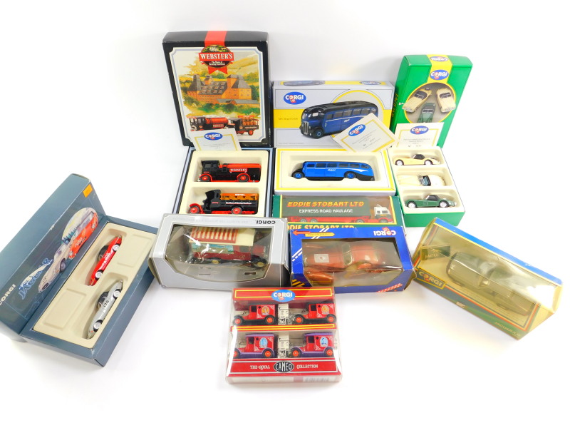 Corgi die cast model cars, buses and lorries, including an AEC Regal coach, Jaguar 1953 RAC rally