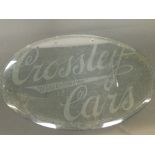 A vintage etched glass motoring sign, marked for Crossley Cars of Gas Engine Fame, 38cm x 61cm