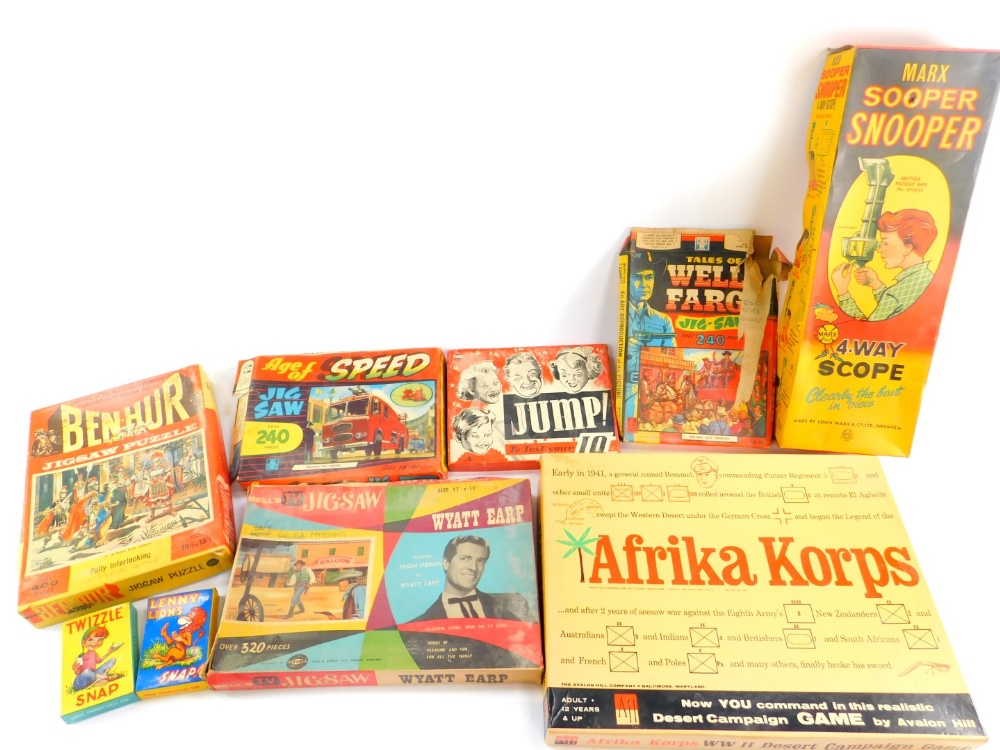 Games and toys, including a Marx Super Snooper four way scope., Game of Afrika Korps., Lennie Lion's