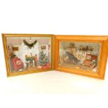 Two doll's house room settings, framed and glazed, comprising a Christmas fireplace, 29cm wide, 24cm