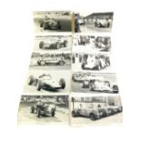 Ten BRM and ERA black and white photo cards, showing Raymond Mays, Graham Hill and others.