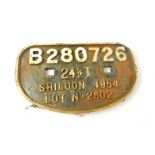 A cast iron wagon plate, white painted high relief, 'B280726, 24 1/2T, Shildon 1954, Lot No