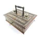 A Victorian rosewood and mother of pearl inlaid desk stand, of rectangular section, with two pen