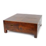 A square hardwood coffee table, with frieze drawers to each left side, raised on block feet, 42cm