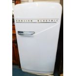 A vintage English electric white fridge, with a pale green and brass fringed interior, 72.5cm