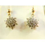 A pair of 9ct gold and diamond set cluster earrings, each set with twenty five diamonds, 2.4g.