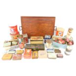 Vintage tin advertising containers for cigarettes, toilet soap and other household commodities and a