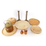 Various modern sycamore and oak treen bowls, cover, Victorian medicine bottle, pair of barleytwist