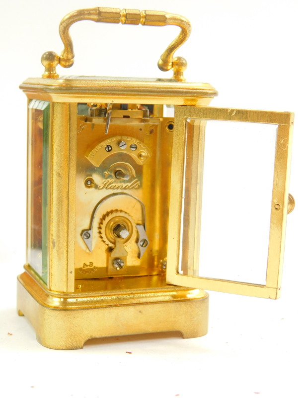 A French miniature brass cased carriage clock, enamel dial bearing Roman numerals, single barrel - Image 6 of 7