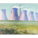 Brenda G Swift (British, 20thC). Cooling Towers, Lincolnshire., oil on board, titled and