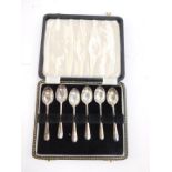 A set of six silver rats tail coffee spoons, cased, Birmingham 1959, 1.83oz.