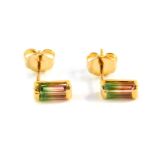 A pair of watermelon tourmaline earrings, baguette cut in yellow metal, stamped 14kt/585, 0.8g all