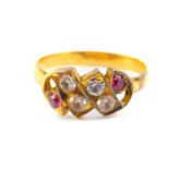 A Victorian ruby and diamond six stone ring, rose cut in yellow metal, stamped 22ct, size K/L, 1.
