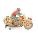 A German post WWII US Zone tin plate toy motorcycle and rider, clockwork movement, 18cm wide.