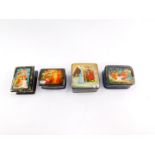 Four Fedoskino Pegockuho lacquer boxes, painted with Russian fairy tales, signed, printed marks. (1,