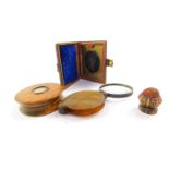A Victorian mulberry wood box with a tortoise shell interior, 6cm diameter, a horn cased
