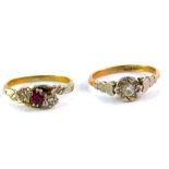An 18ct gold platinum and diamond solitaire ring, illusion set, size L, together with a ruby and