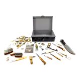 A Victa cash tin, a collection of penknives, three gentleman's wristwatches, printing blocks,