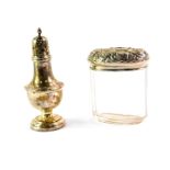 A George V silver pepperette, of baluster form, Birmingham 1912, together with a Victorian cut glass