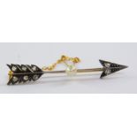 A Victorian pearl and diamond cupid's arrow bar brooch, set in white and yellow metal, with safety