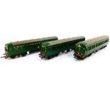 Three Hornby Triang OO gauge coaches, British rail green livery, incorrectly boxed. (3)
