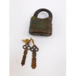 A vintage Yale Y & T brass padlock, with three keys, 8cm wide.