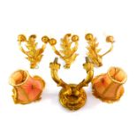 A set of three gilt wood two branch foliate wall lights, 34cm high, together with a further twin