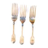 Three Victorian silver table forks, monogram engraved, H J Lias & Son, London, 1875, 6.28oz.