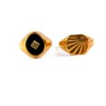 A gentleman's 9ct gold black onyx and diamond set signet ring, size R, and a further gentleman's 9ct