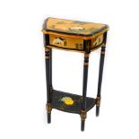 An Oriental black and gilt lacquer side table, painted with cranes, flowers and trees, of serpentine