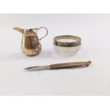 An Edward VII silver miniature cream jug, Birmingham 1905, 0.72oz, cut glass salt with silver mount,