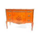 A Louis XVI style marble topped break front commode, with marquetry inlay, having three graduated