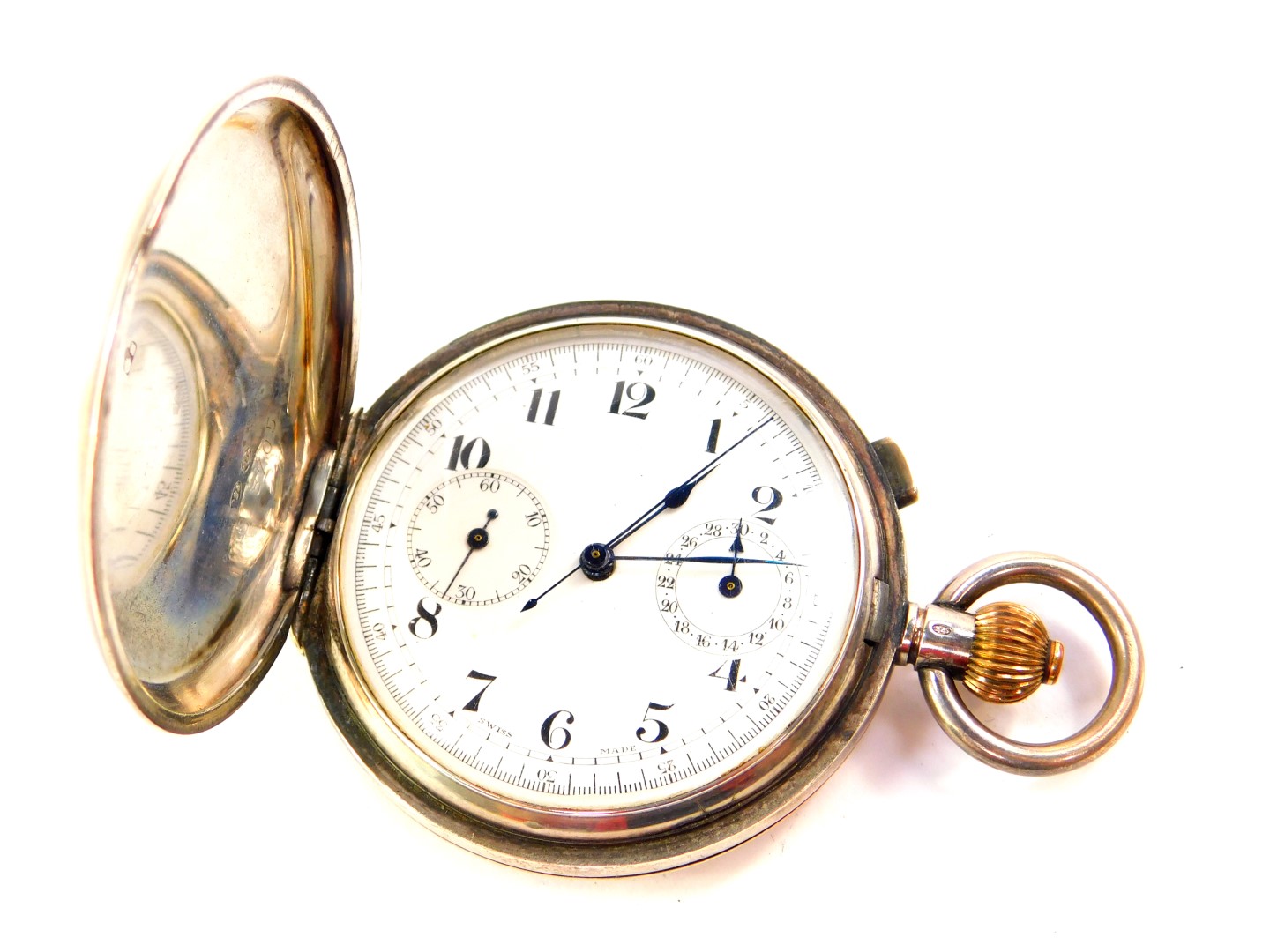 A George V silver hunter cased chronograph pocket watch, enamel dial bearing Arabic numerals, centre