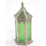 A Victorian silver plate and green glass pomander, of hexagonal lantern form, with engraved