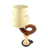 A ram's horn and marble table lamp, with a floral embroidered shade, 54.5cm high.