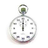 A Brietling stainless steel cased stop watch, 1/5, circular enamel dial bearing Arabic numerals,